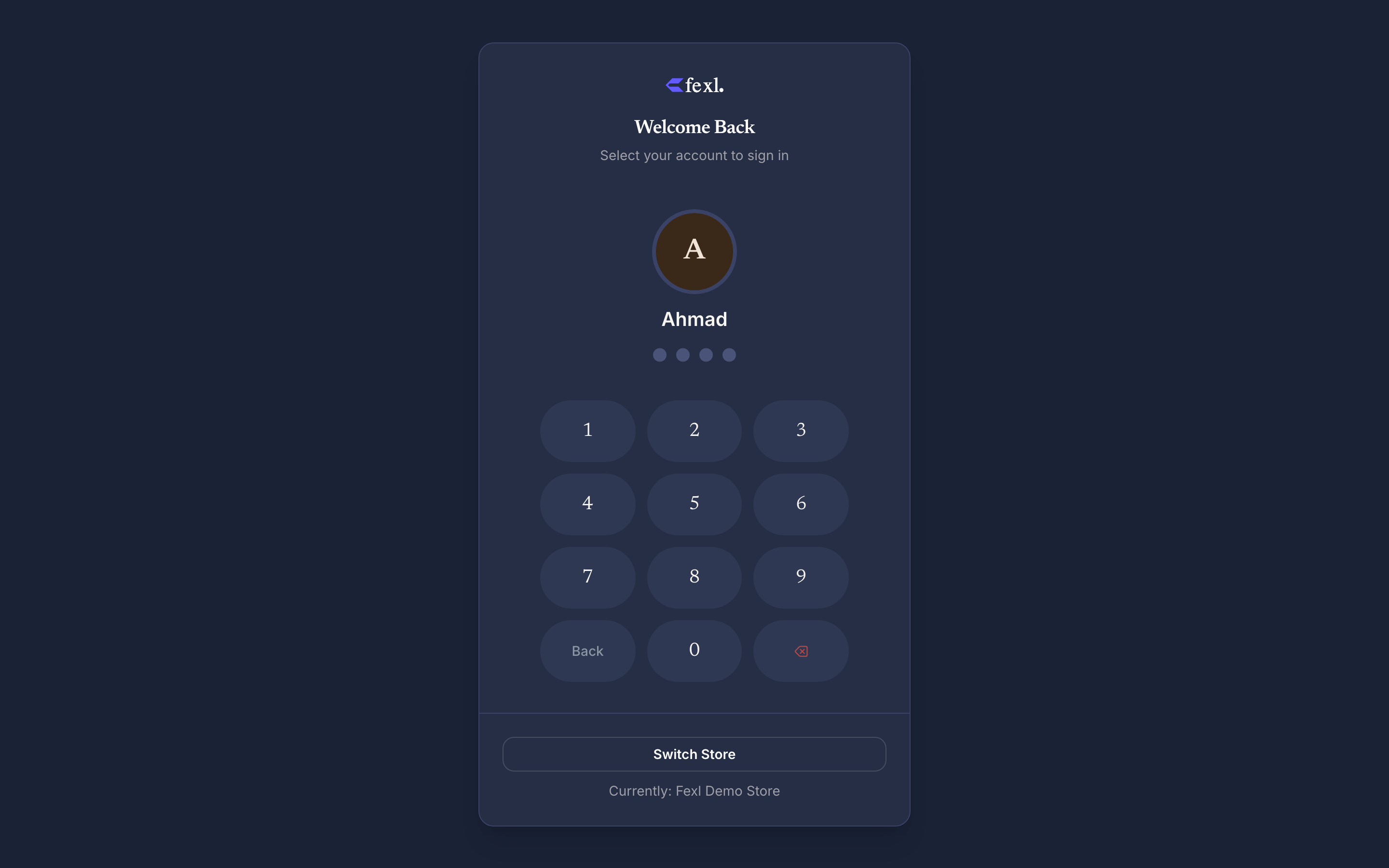 Lock screen — Welcome Back panel with Ahmad selected, 4-digit PIN dot indicators, and a 0–9 numeric pin pad with Clear and back-arrow keys