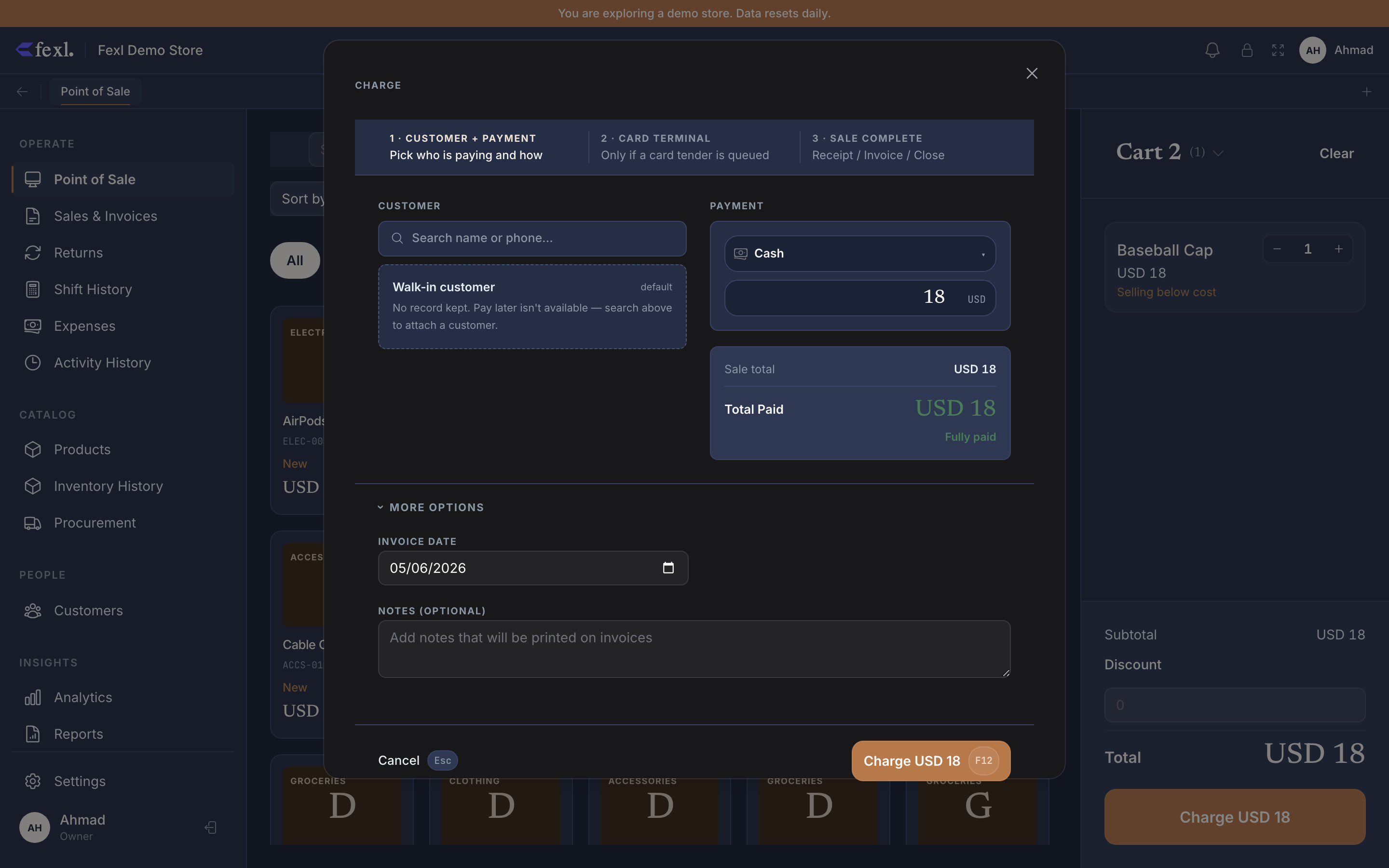 Charge dialog with the More Options drawer expanded — Invoice Date input (date picker) defaulted to today, Notes (Optional) textarea, and the Charge USD button at the bottom