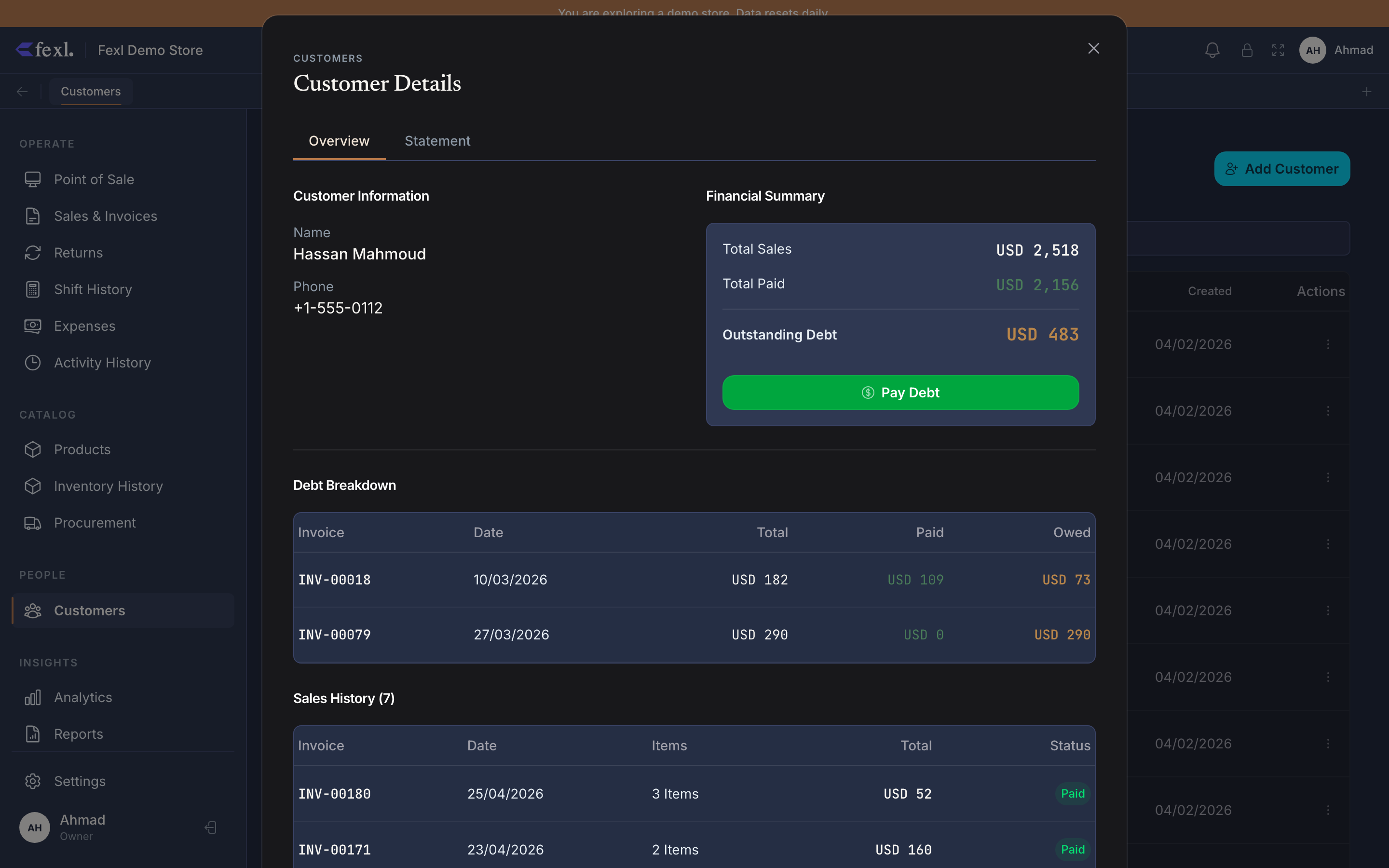 Customer Detail — Financial Summary card on the right with Total Sales / Total Paid / Outstanding Debt and a Pay Debt button, plus a per-invoice Debt Breakdown table below
