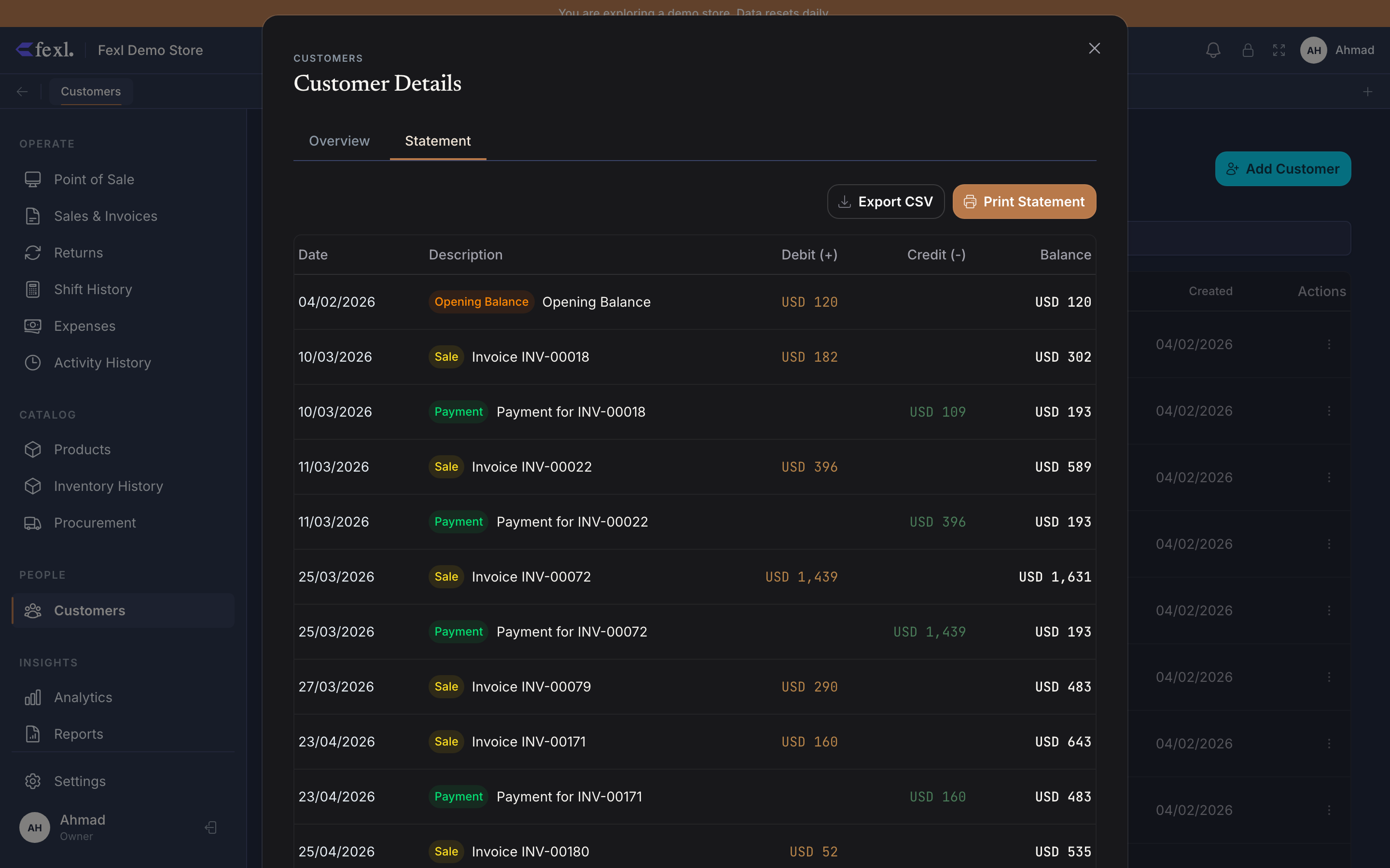 Customer Statement tab — chronological ledger with Date, Description (Opening Balance / Sale / Payment badges), Debit (+), Credit (−), and running Balance columns, plus Export CSV and Print Statement actions
