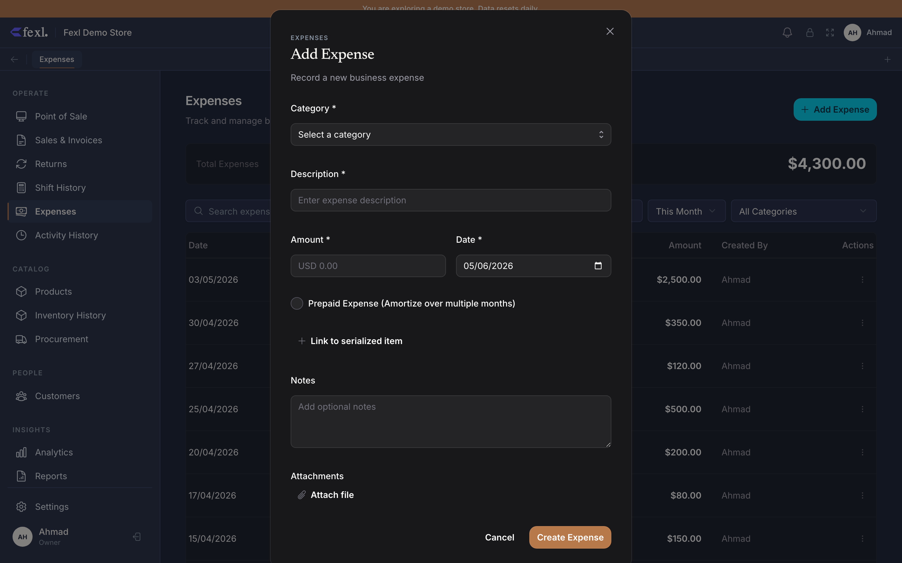 Add Expense dialog — Category select, Description, Amount and Date fields, Prepaid Expense (Amortize over multiple months) toggle, Link to serialized item, Notes textarea, Attach file, Cancel / Create Expense buttons