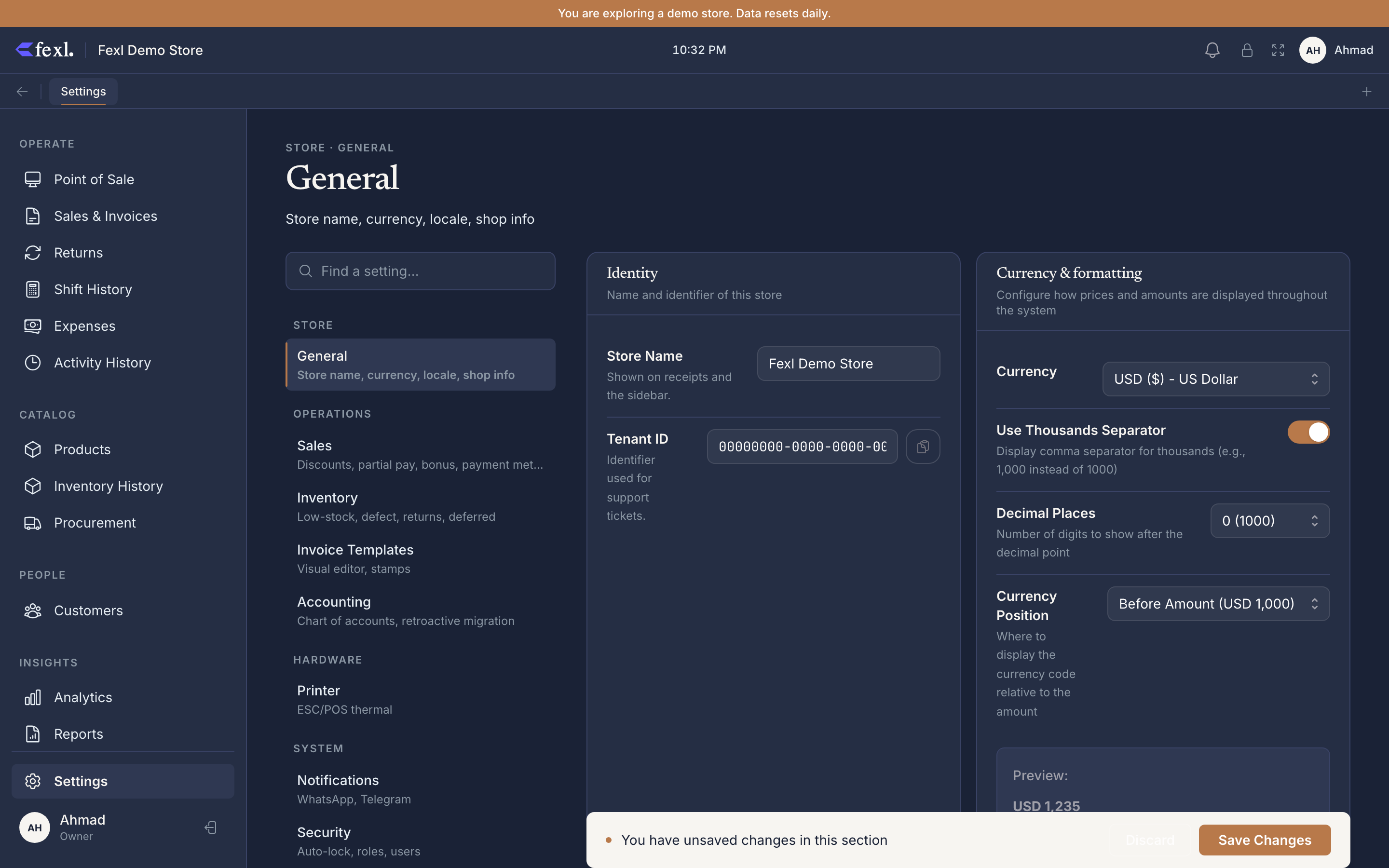 Settings → General — store info form with currency, locale, and shop info fields