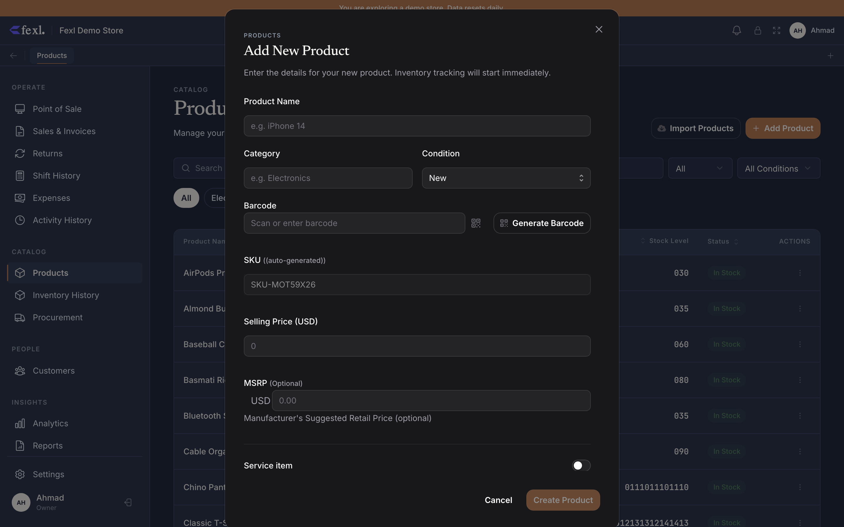 Products → Add New Product dialog — name, category, condition, barcode, SKU, price fields