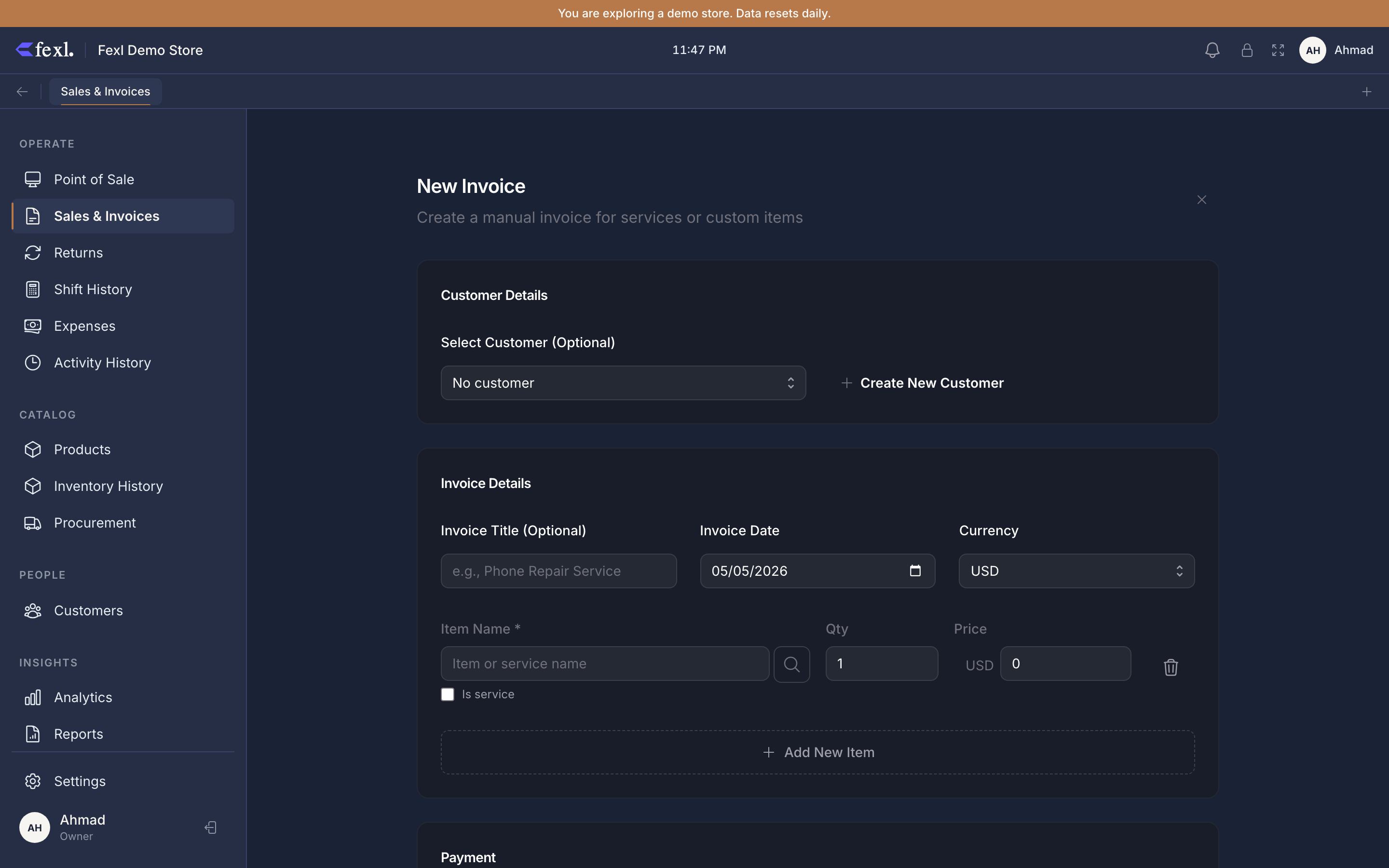 New Invoice — Customer Details (with Select Customer / Create New Customer), Invoice Details (Title, Date, Currency), one empty Item Name / Qty / Price line with Is service toggle, and an Add New Item button before the Payment section