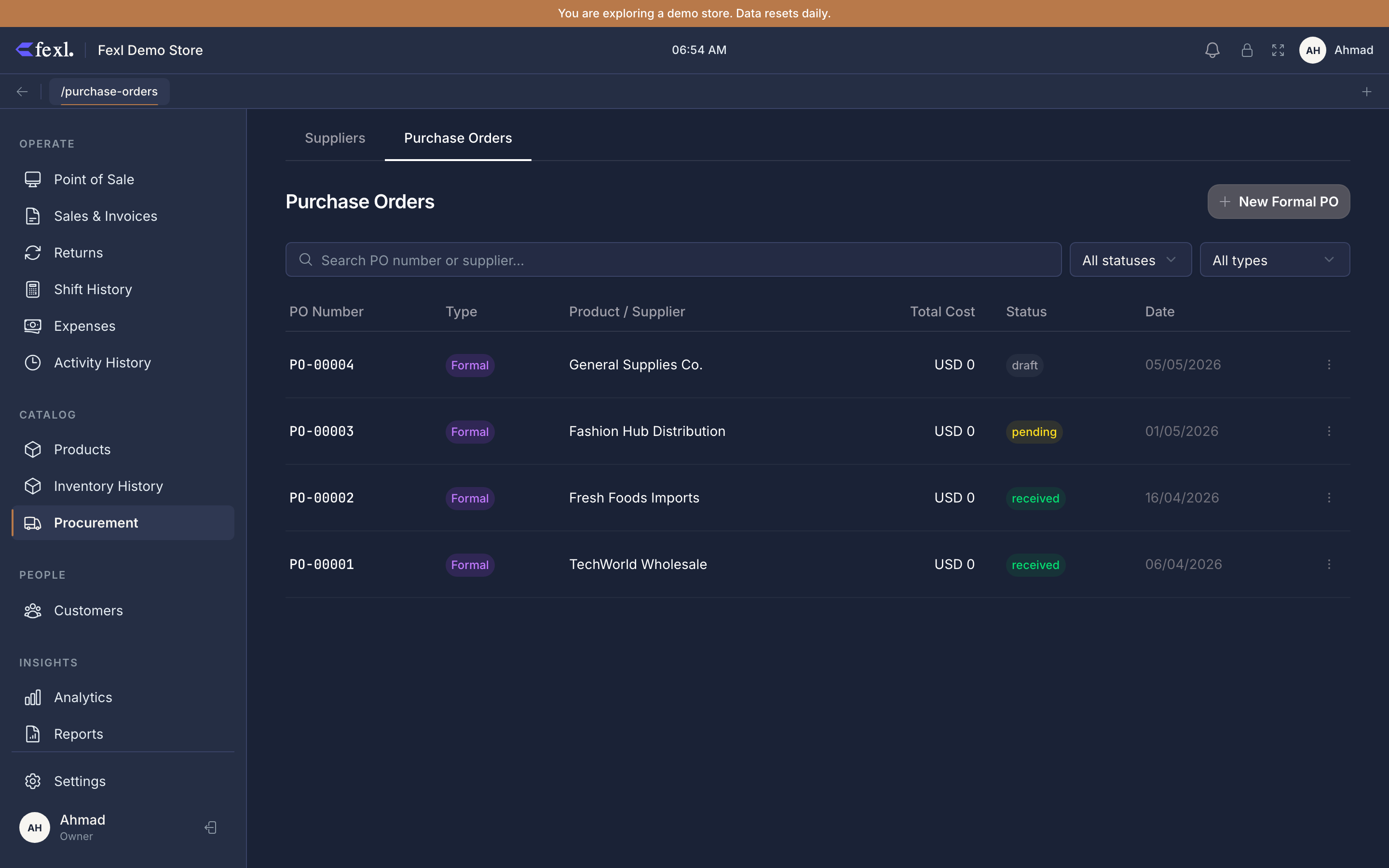 Procurement → Purchase Orders tab — four PO rows (PO-00001 through PO-00004) with Type / Product or Supplier / Total Cost / Status (draft, pending, received) / Date columns, All-statuses + All-types filters, and the New Formal PO button