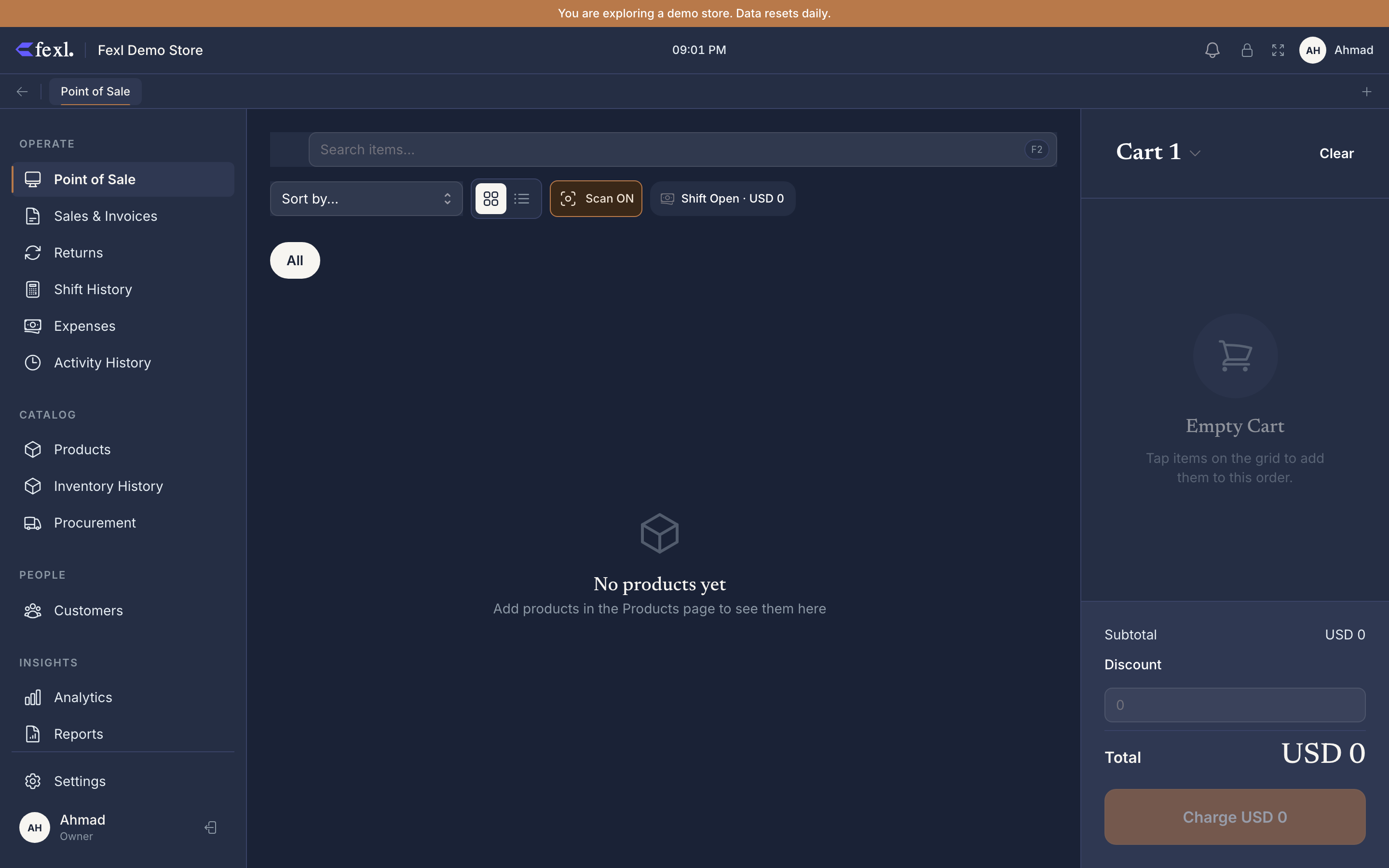 Fexl Lite POS — empty cart on the right, default product grid populated with categories and the demo store's items on the left