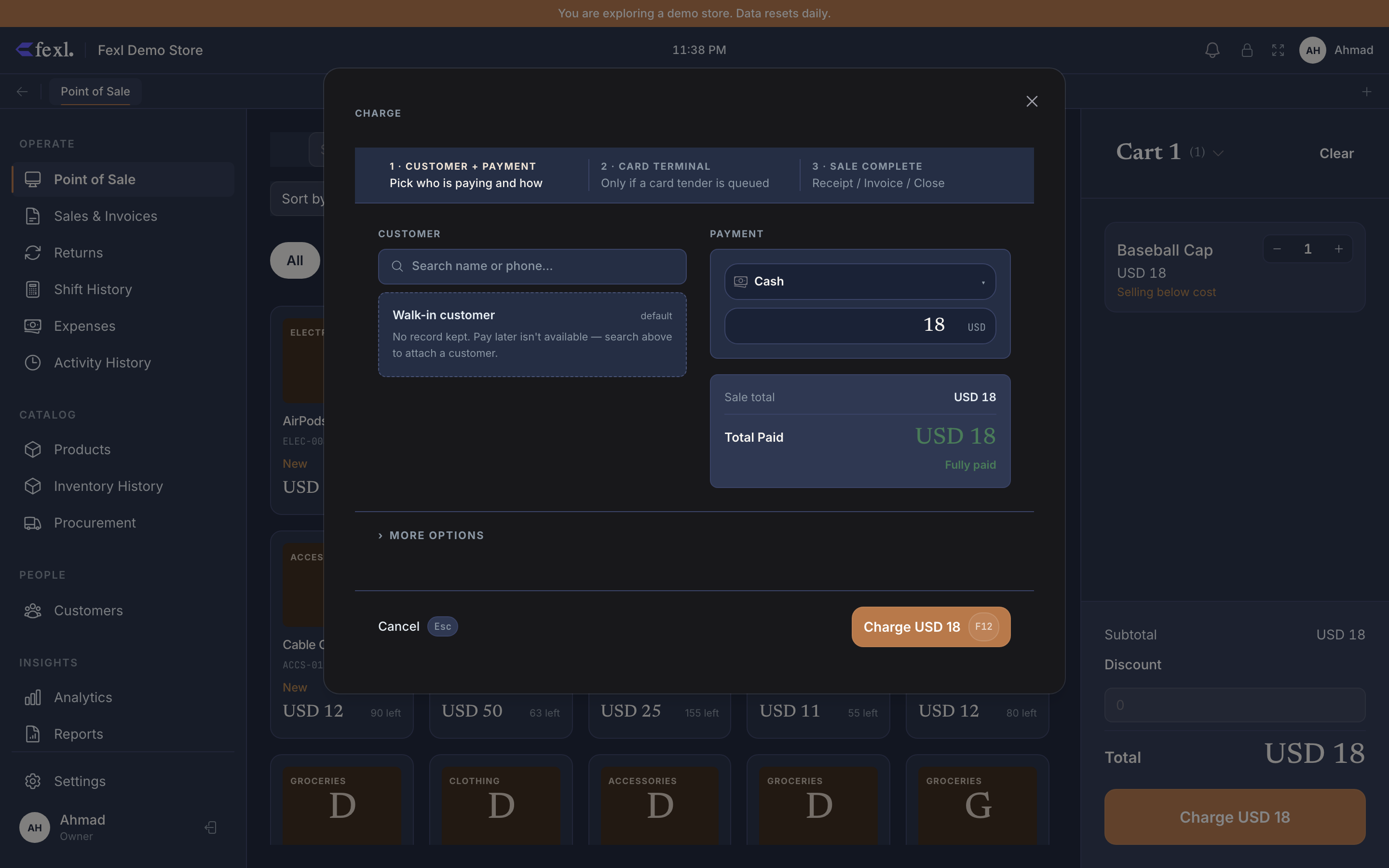 Charge dialog — three-step header (Customer + Payment / Card terminal / Sale complete), customer-search box with Walk-in default, payment-method dropdown (Cash) with amount field, More Options drawer, and the Charge USD 18 confirm button
