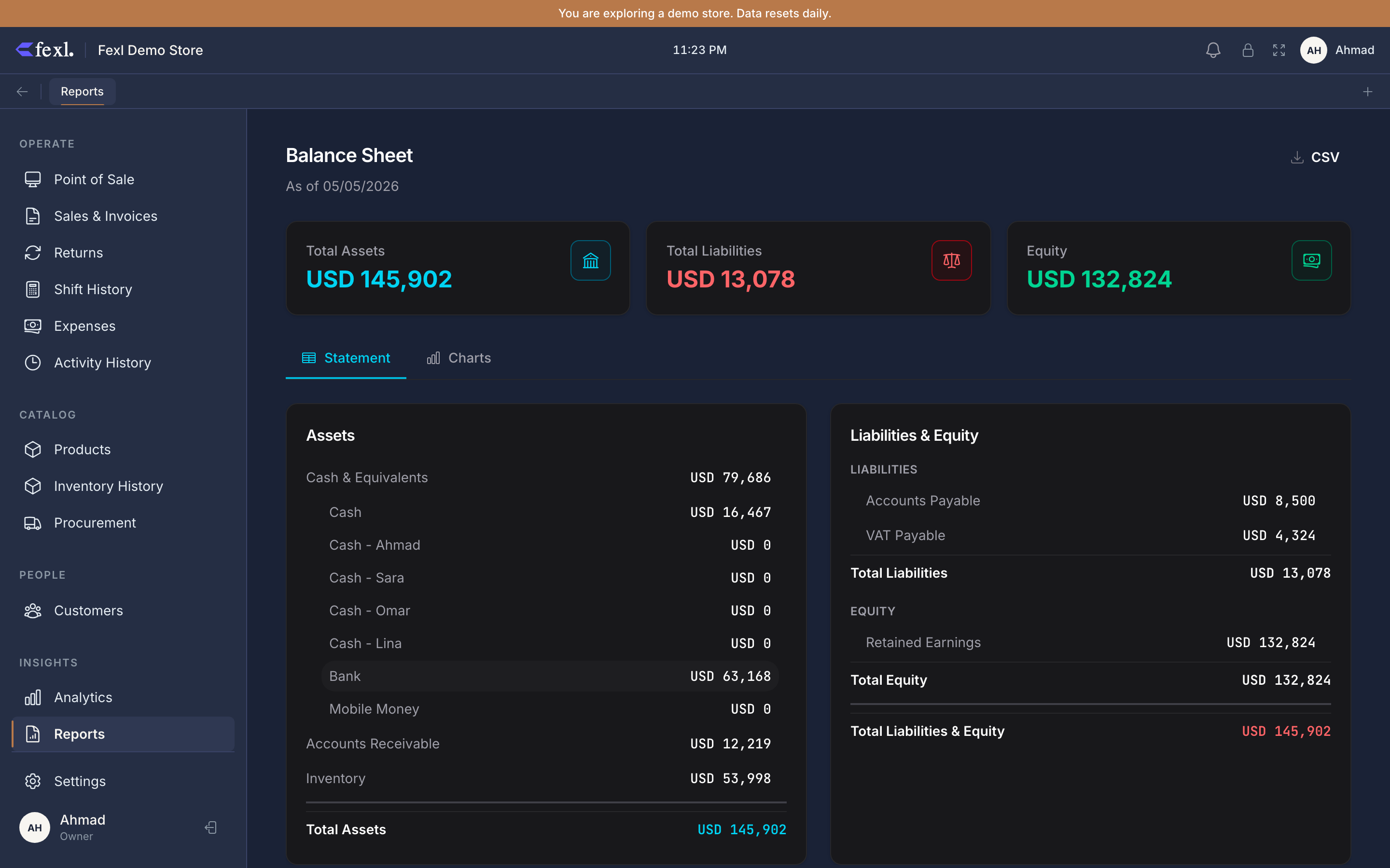 Balance Sheet — Assets on the left, Liabilities + Equity on the right, with timeframe filter and CSV export
