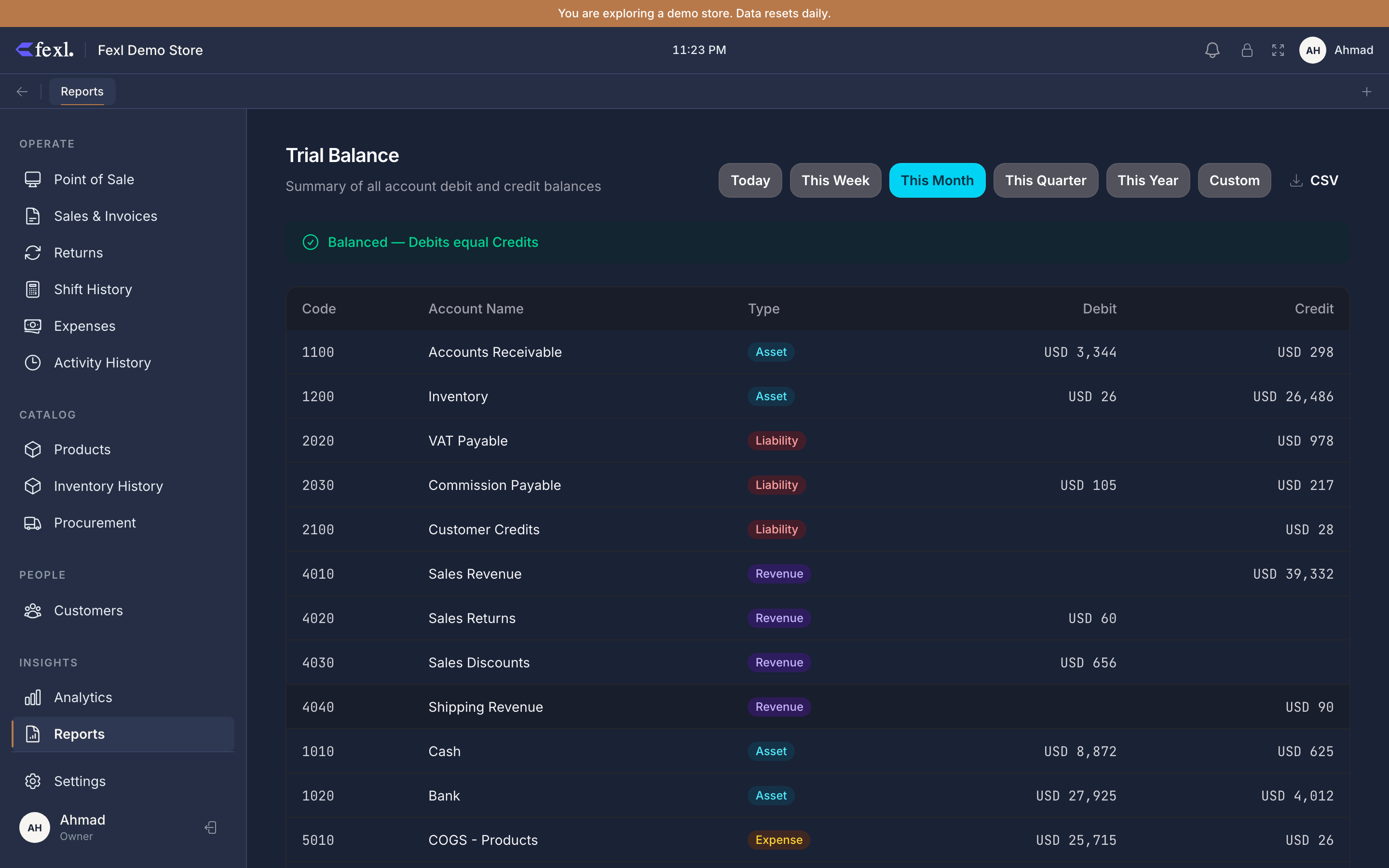 Trial Balance — green Balanced check chip on top, per-account rows with code, name, type pill (Asset / Liability / Revenue / Expense), and Debit / Credit columns