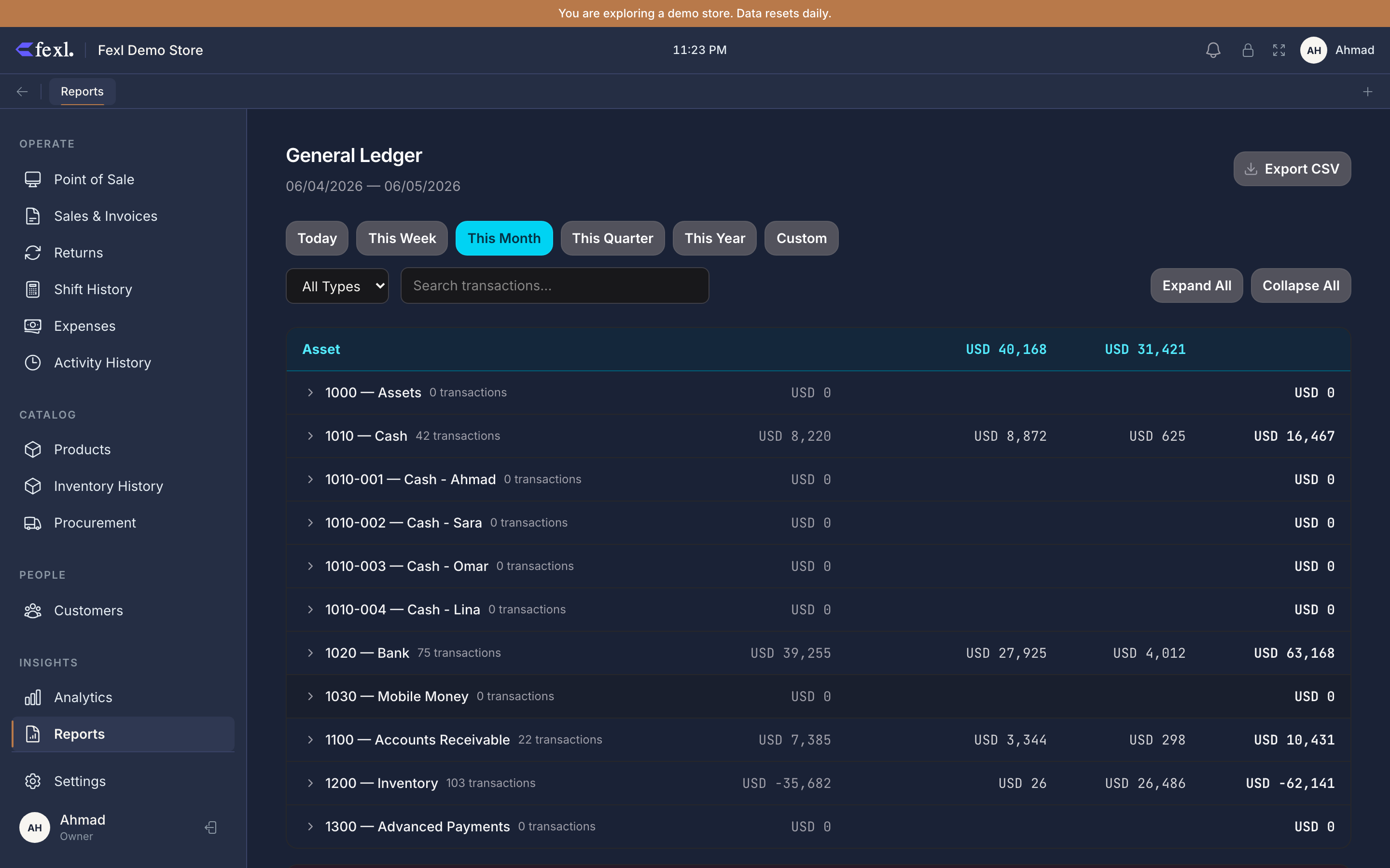 General Ledger — per-account expandable rows showing each journal-entry line with date, source, debit, credit, and running balance