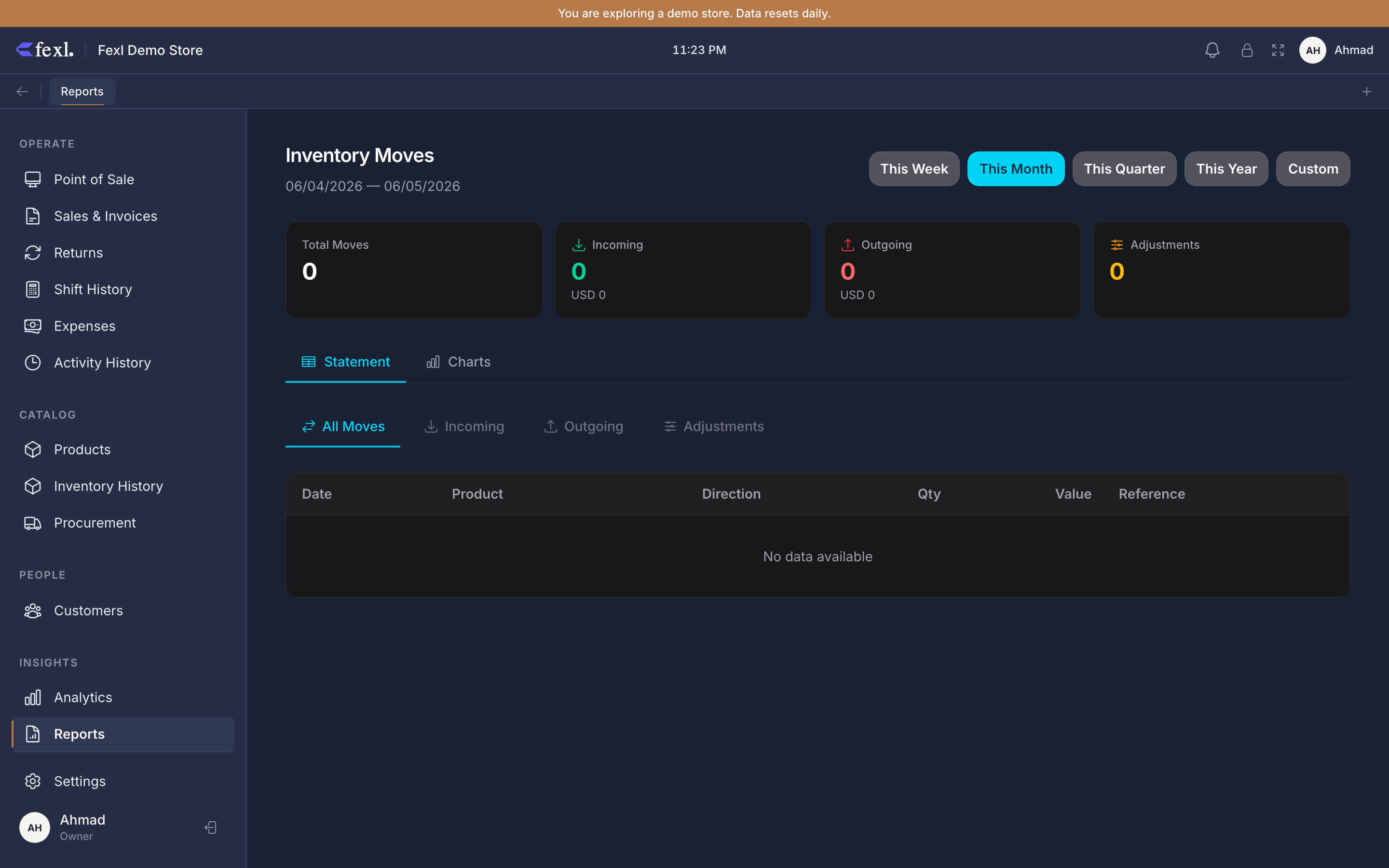 Inventory Moves — summary cards on top (in / out / transfers / adjustments), full transaction table below with product, source, qty delta, and timestamp
