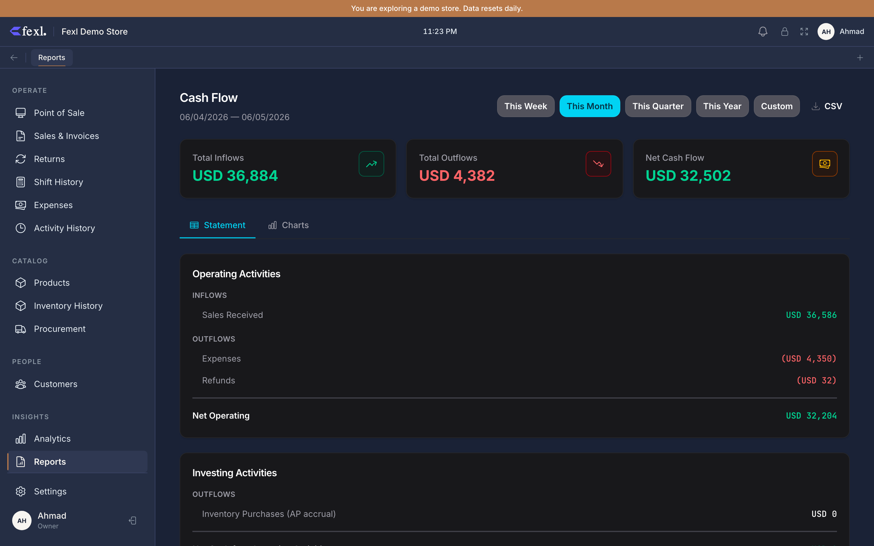 Cash Flow — Operating / Investing / Financing sections plus opening and closing balance footer