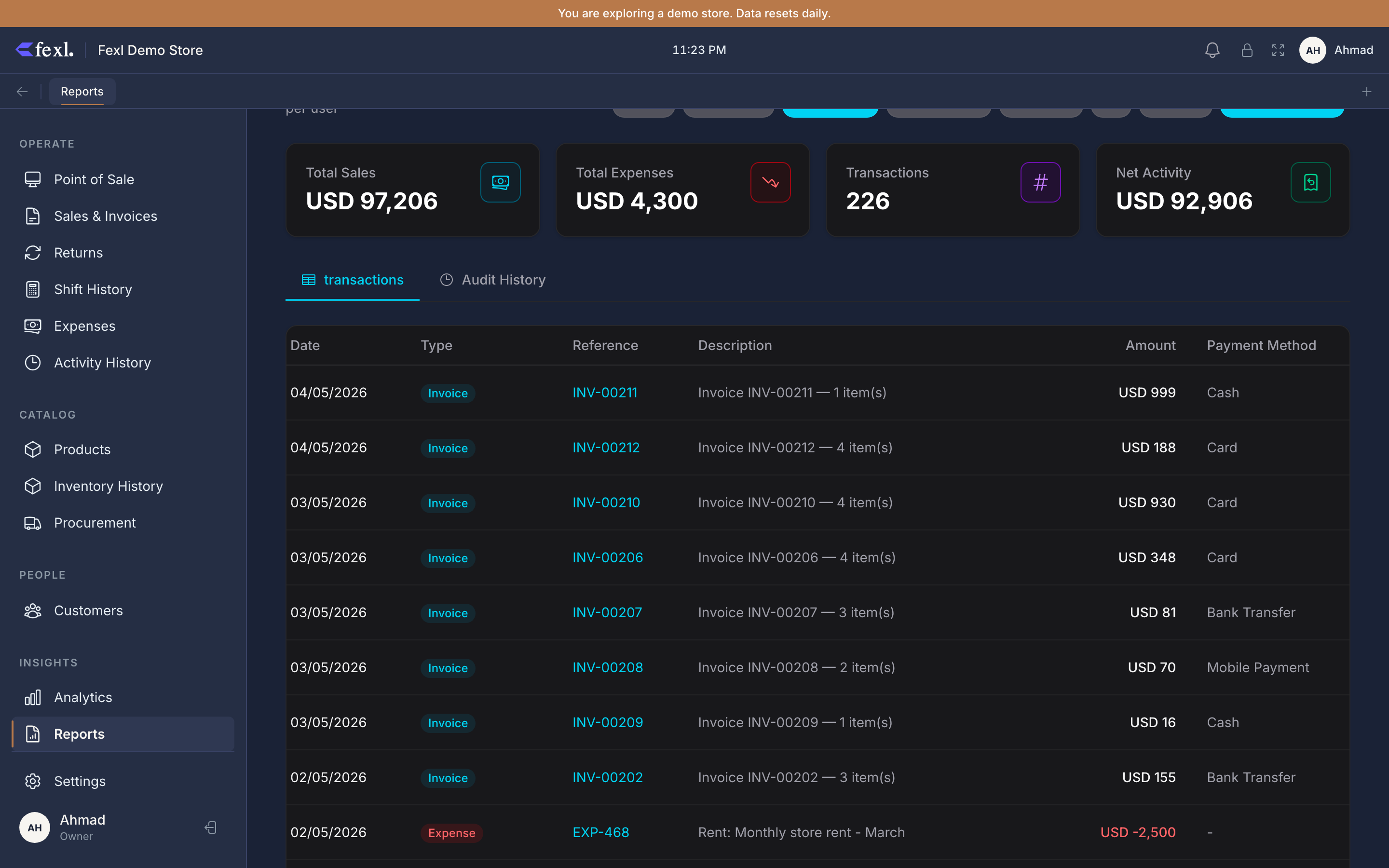 User Activity — per-user summary cards on top (sales, returns, voids, login count), full transaction log below with action, entity, timestamp