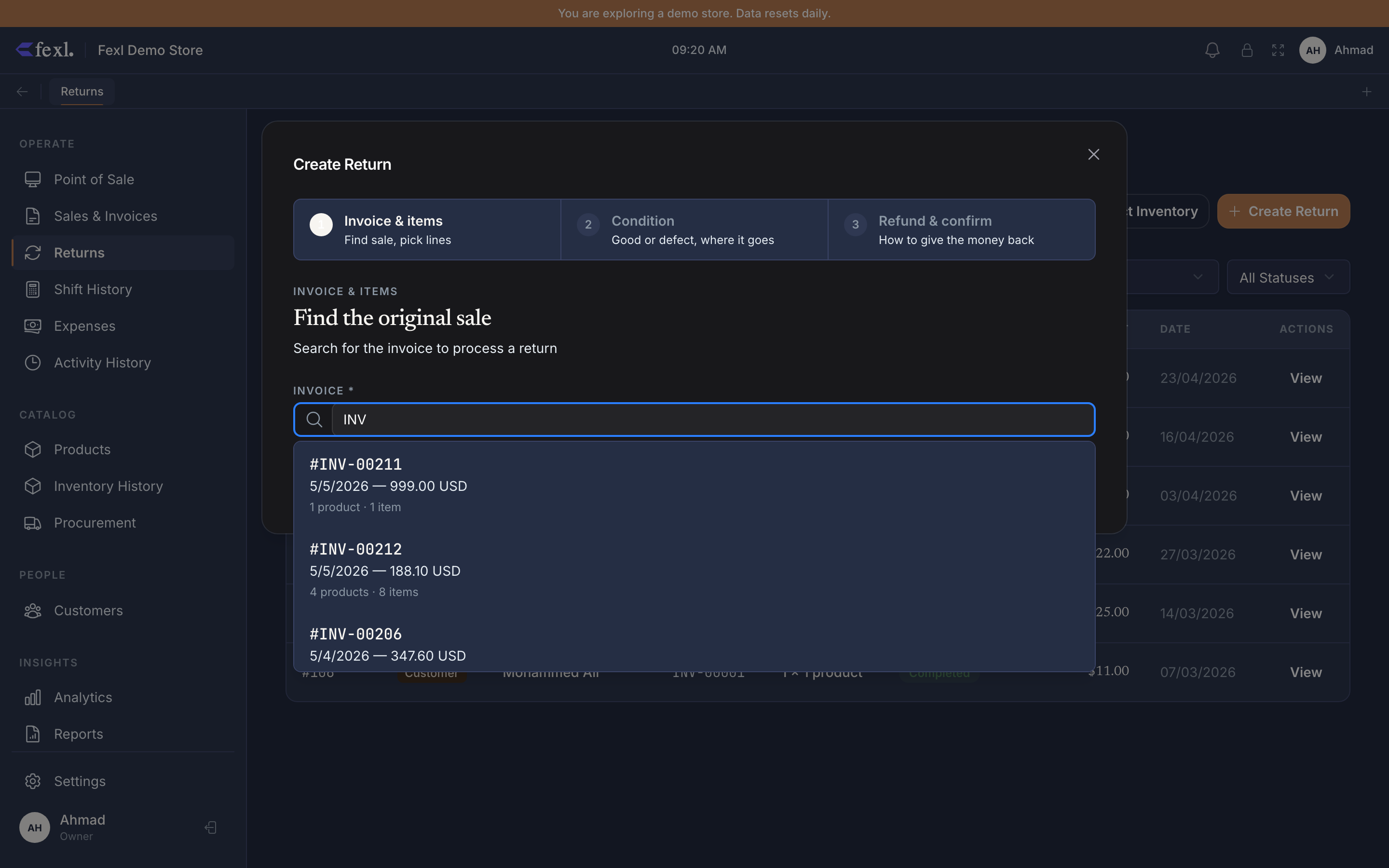 Create Return wizard step 1 — three-step header (Invoice & items / Condition / Refund & confirm), Find the original sale prompt, Search box typed INV with the dropdown showing three invoice matches (#INV-00211 USD 999, #INV-00212 USD 188.10, #INV-00206 USD 347.60) each with date and item count