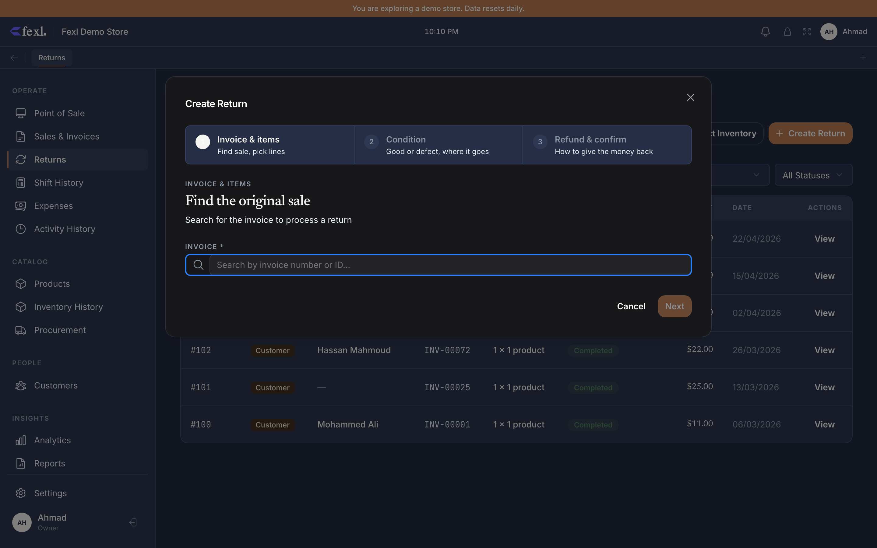 Returns wizard step 1 — Find the original sale, with the invoice number / ID search box
