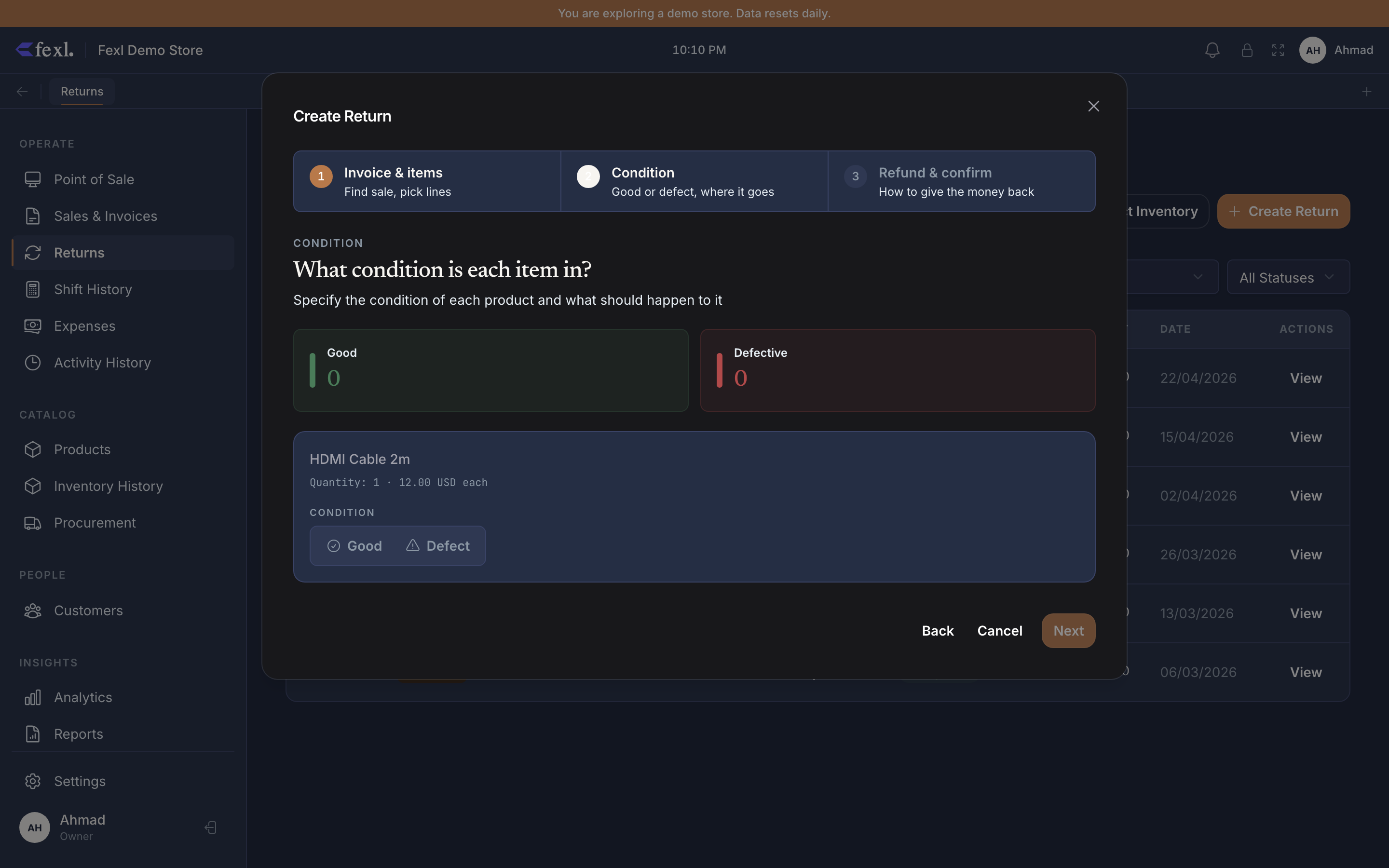 Returns wizard step 3 — disposition picker showing Good / Defective options for each returned item
