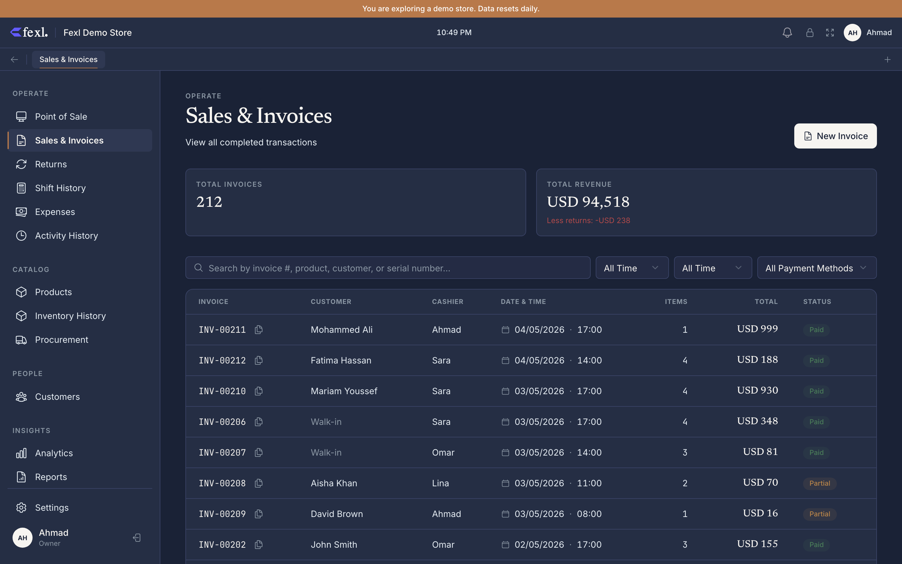 Sales & Invoices list — completed-transaction table with KPI cards (Total Invoices, Total Revenue) above