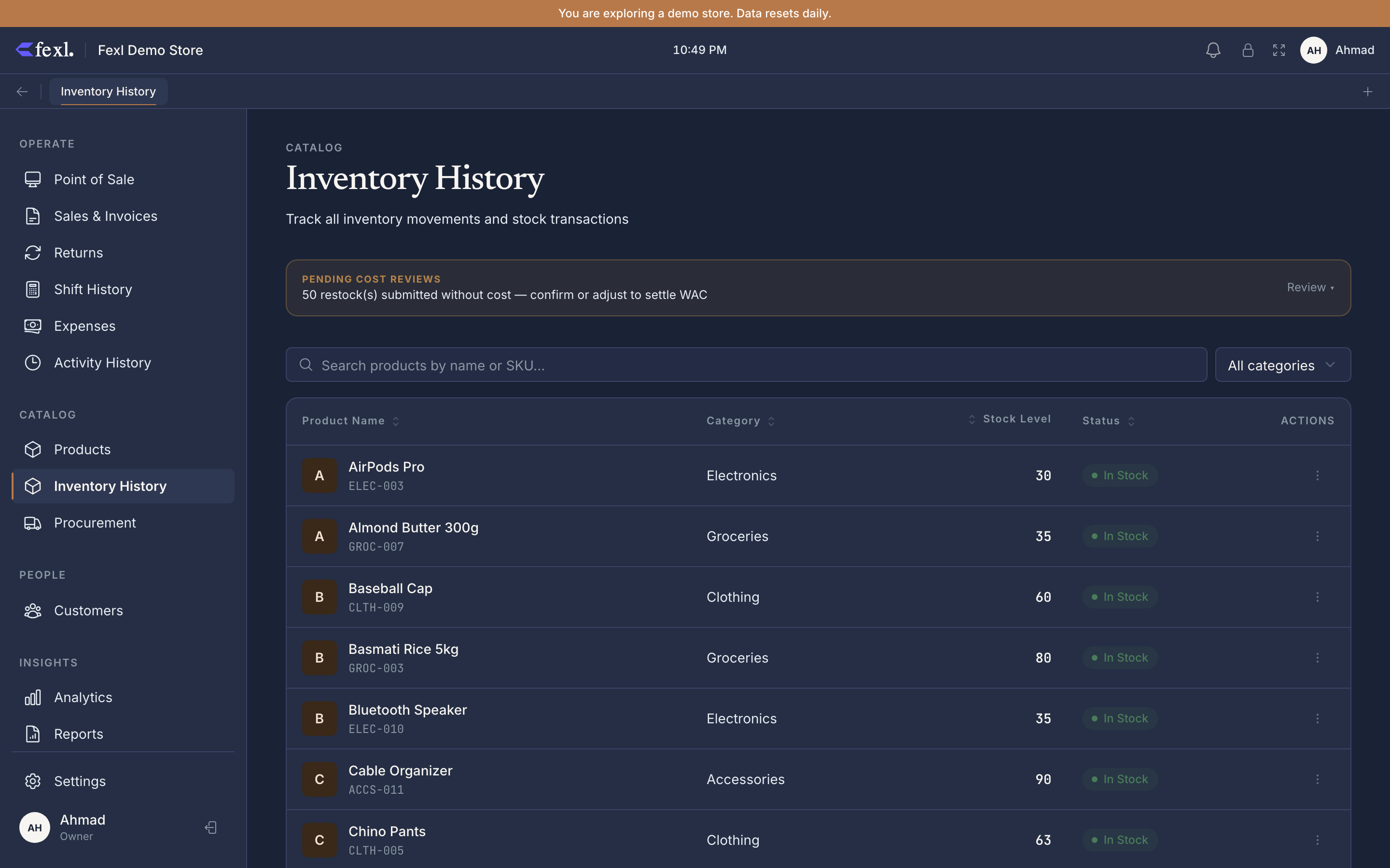 Inventory History — per-product stock list with status badges (in stock / low stock / out of stock)