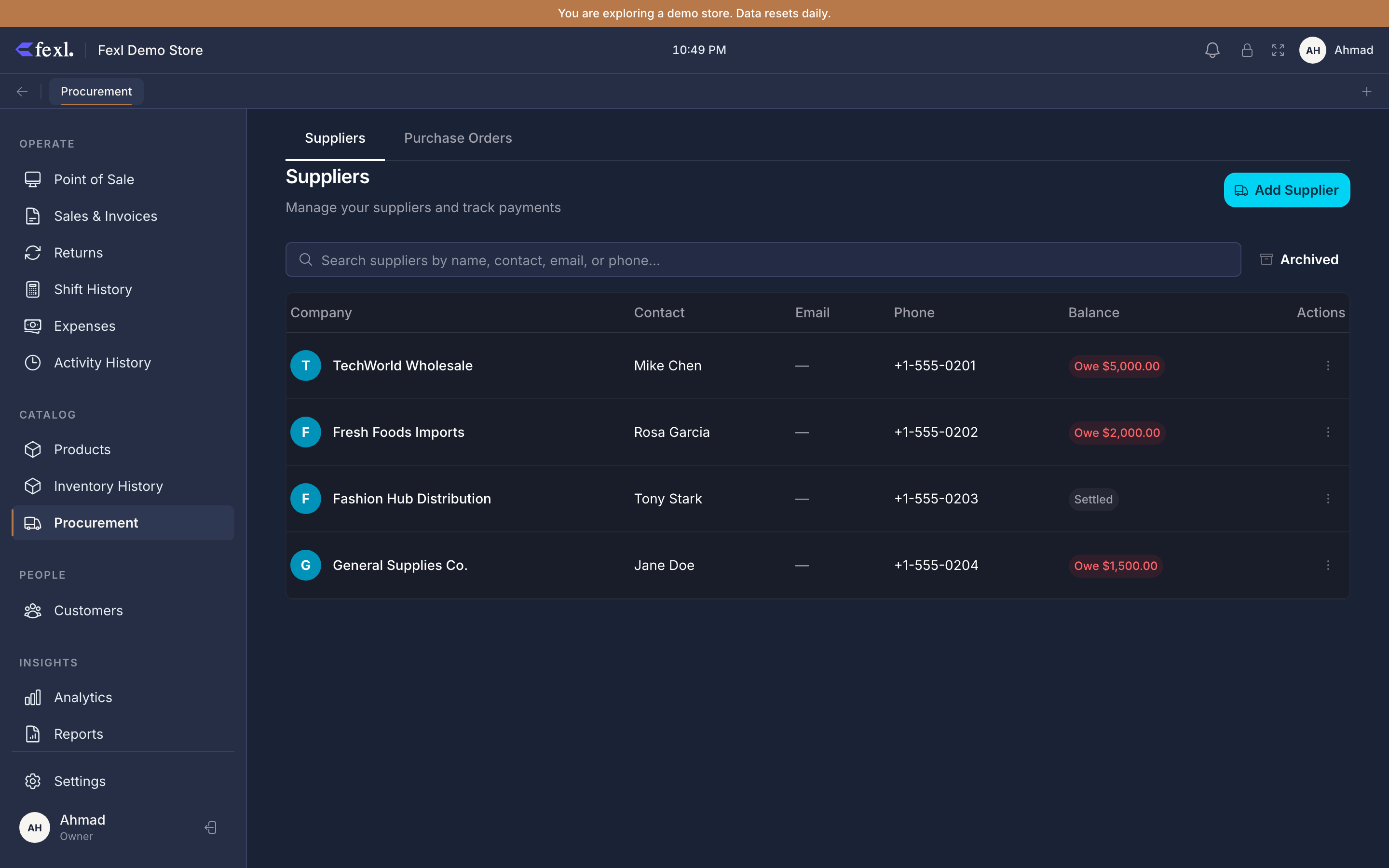 Procurement → Suppliers tab — four supplier rows with Owe (red) and Settled (zinc) balance pills, Suppliers / Purchase Orders sub-tabs, and an Add Supplier button