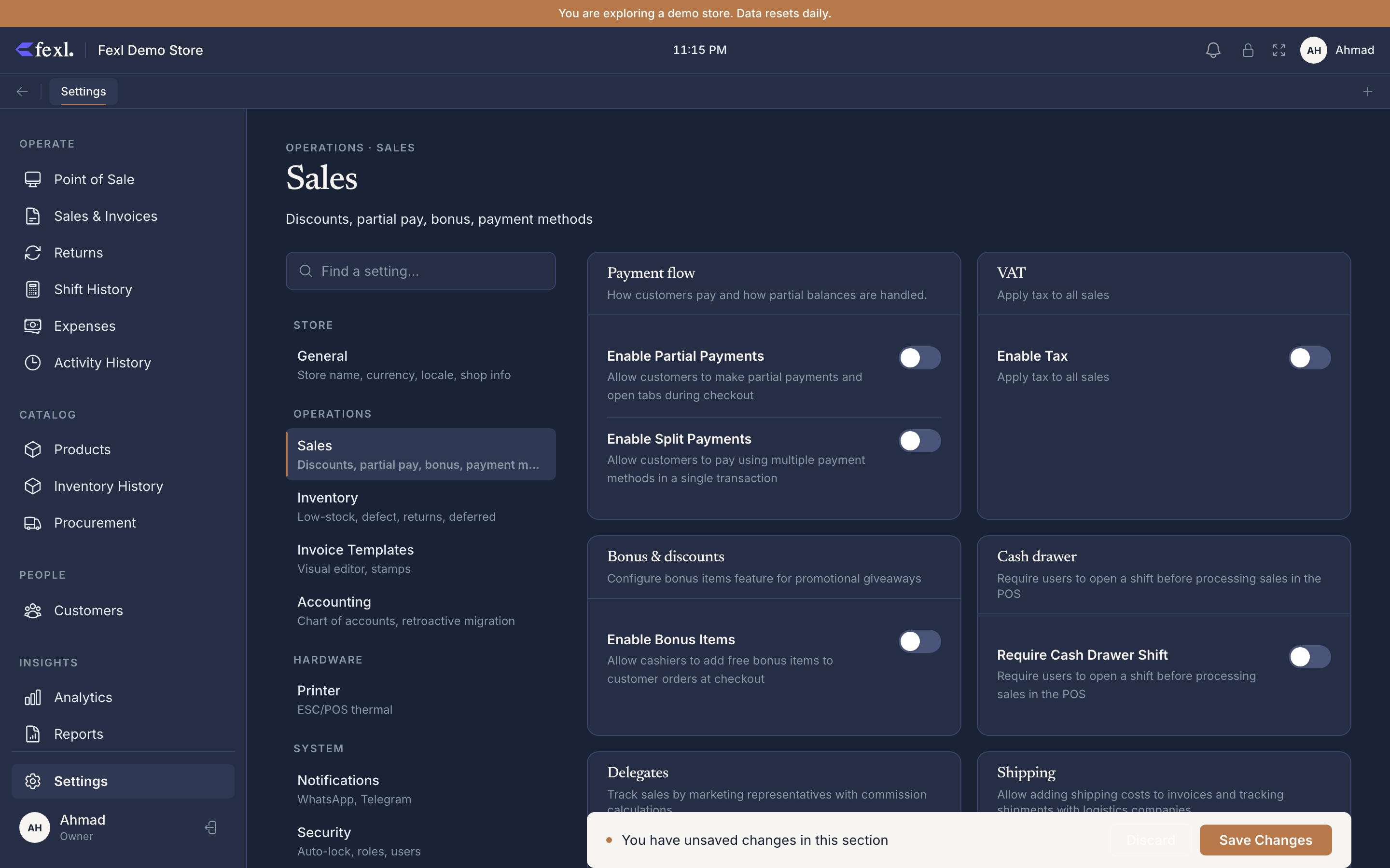 Settings → Sales — Payment flow / Bonus & discounts / Cash drawer / Shipping cards with toggles for partial payments, split payments, VAT, bonus items, cash-drawer-required, delegate commissions, and shipping costs