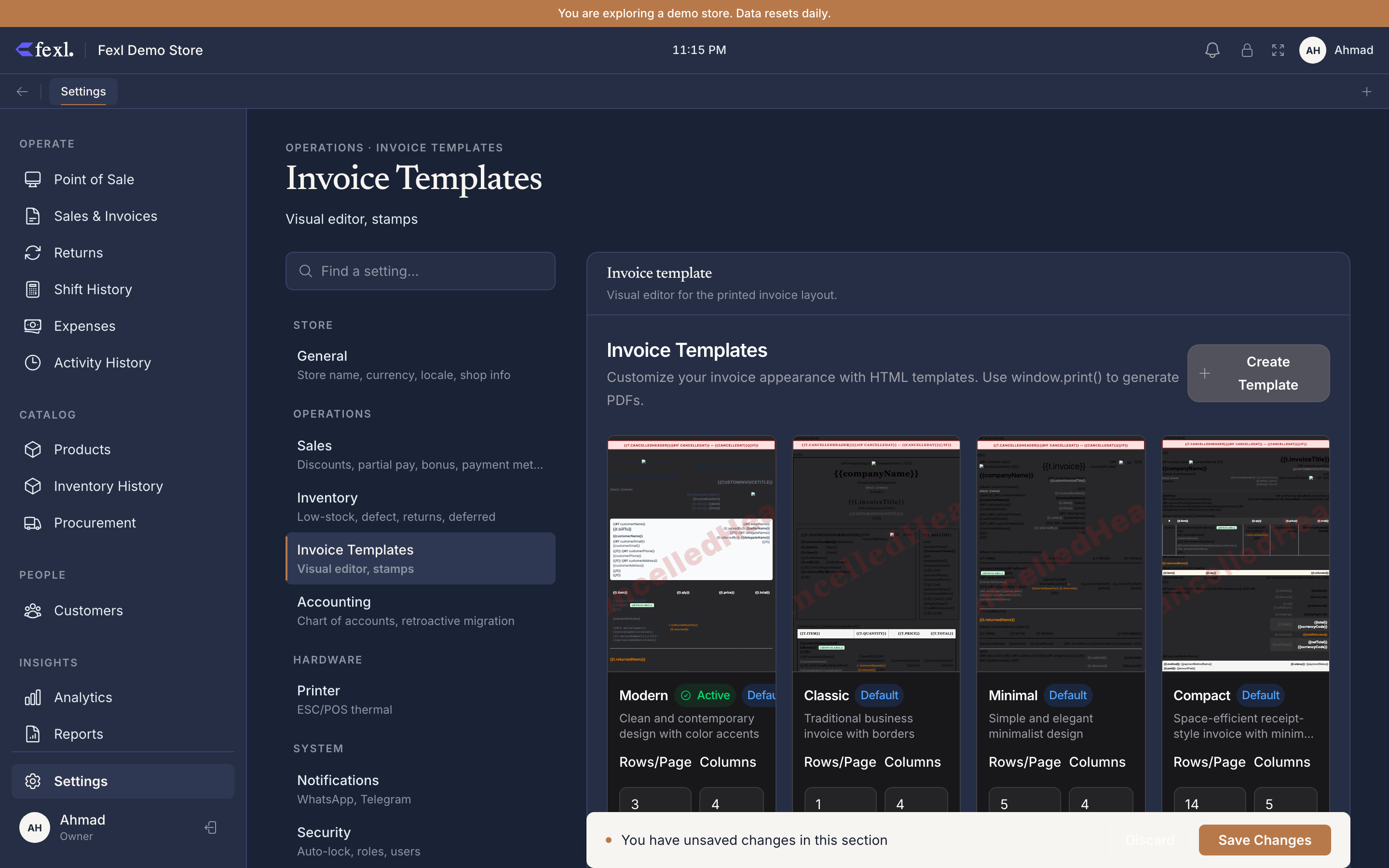 Settings → Invoice templates — gallery of bundled templates (Compact / Minimal / Classic / Modern) with the live preview pane on the right