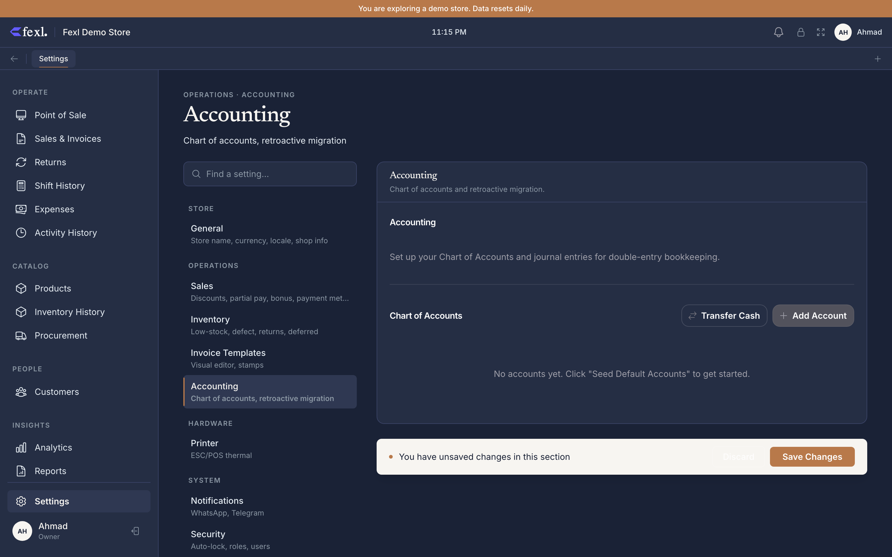 Settings → Accounting — master Accounting switch, retroactive migration row, Chart of Accounts panel with Transfer Cash and Add Account actions, and the empty-state "No accounts yet" nudge before seeding the default chart