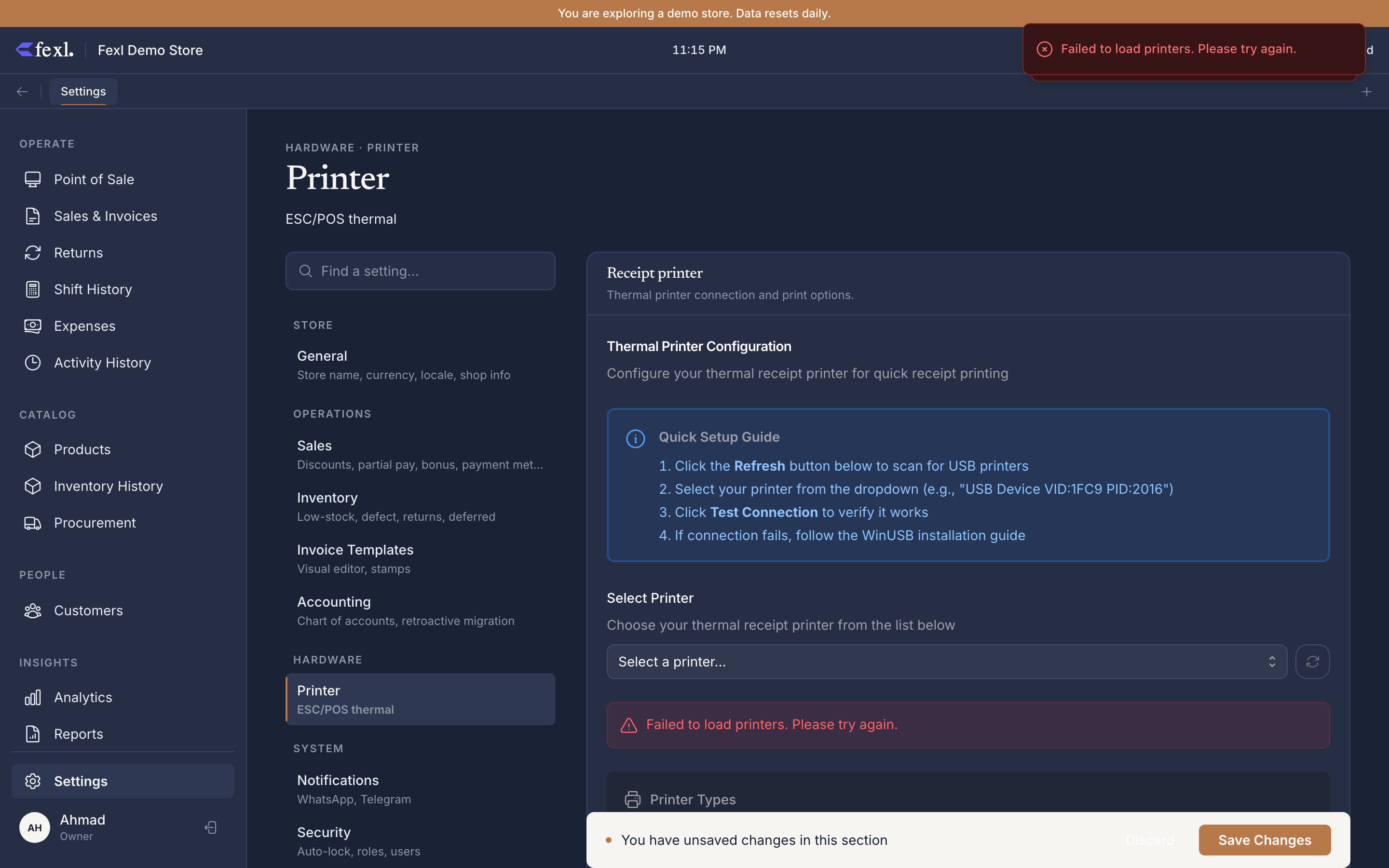 Settings → Printer — printer list with USB / network detection, test-print button, default-template picker, and cash-drawer kick-code config