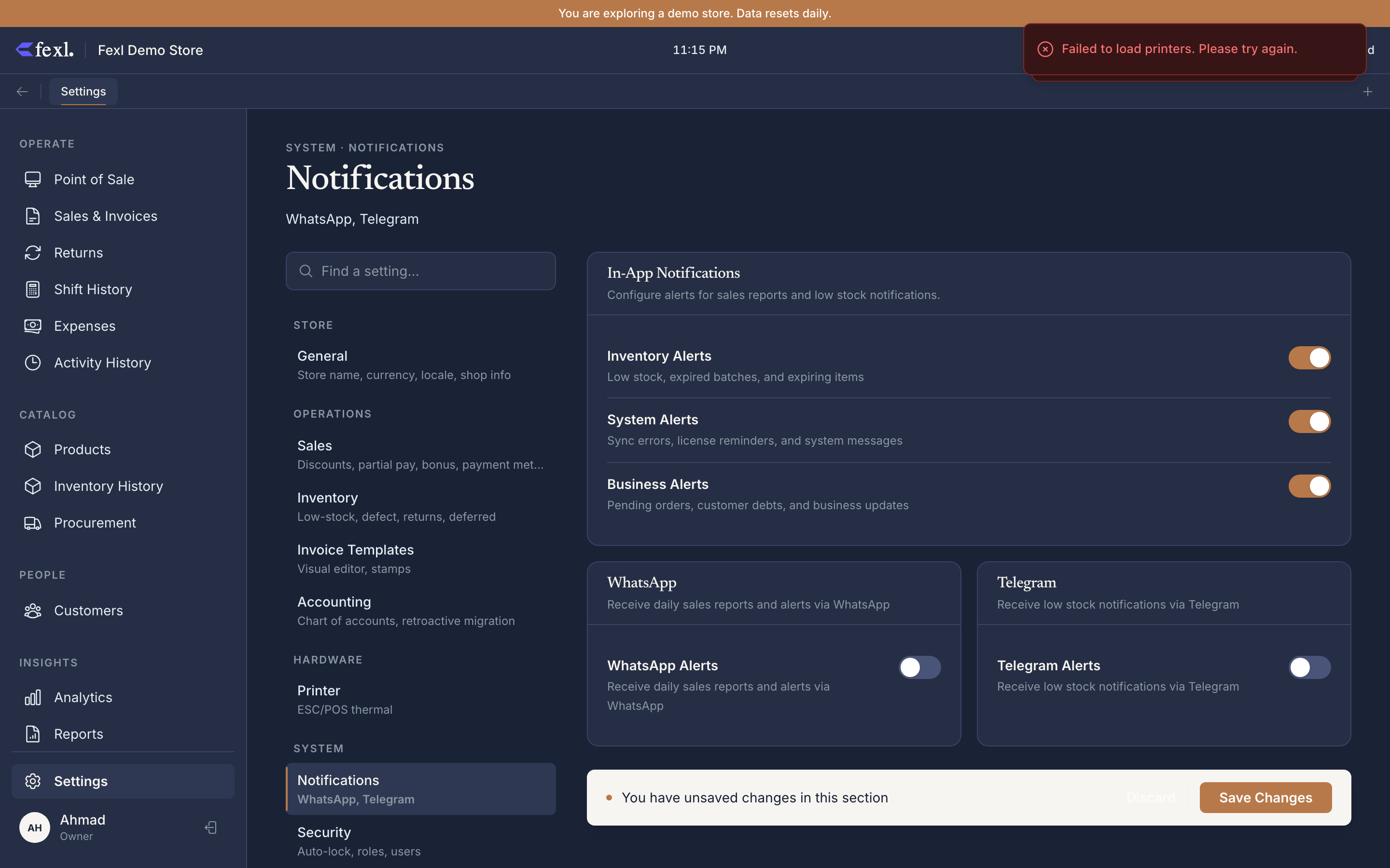 Settings → Notifications — Telegram and WhatsApp configuration panels with bot-token / phone-number fields and per-event subscription toggles