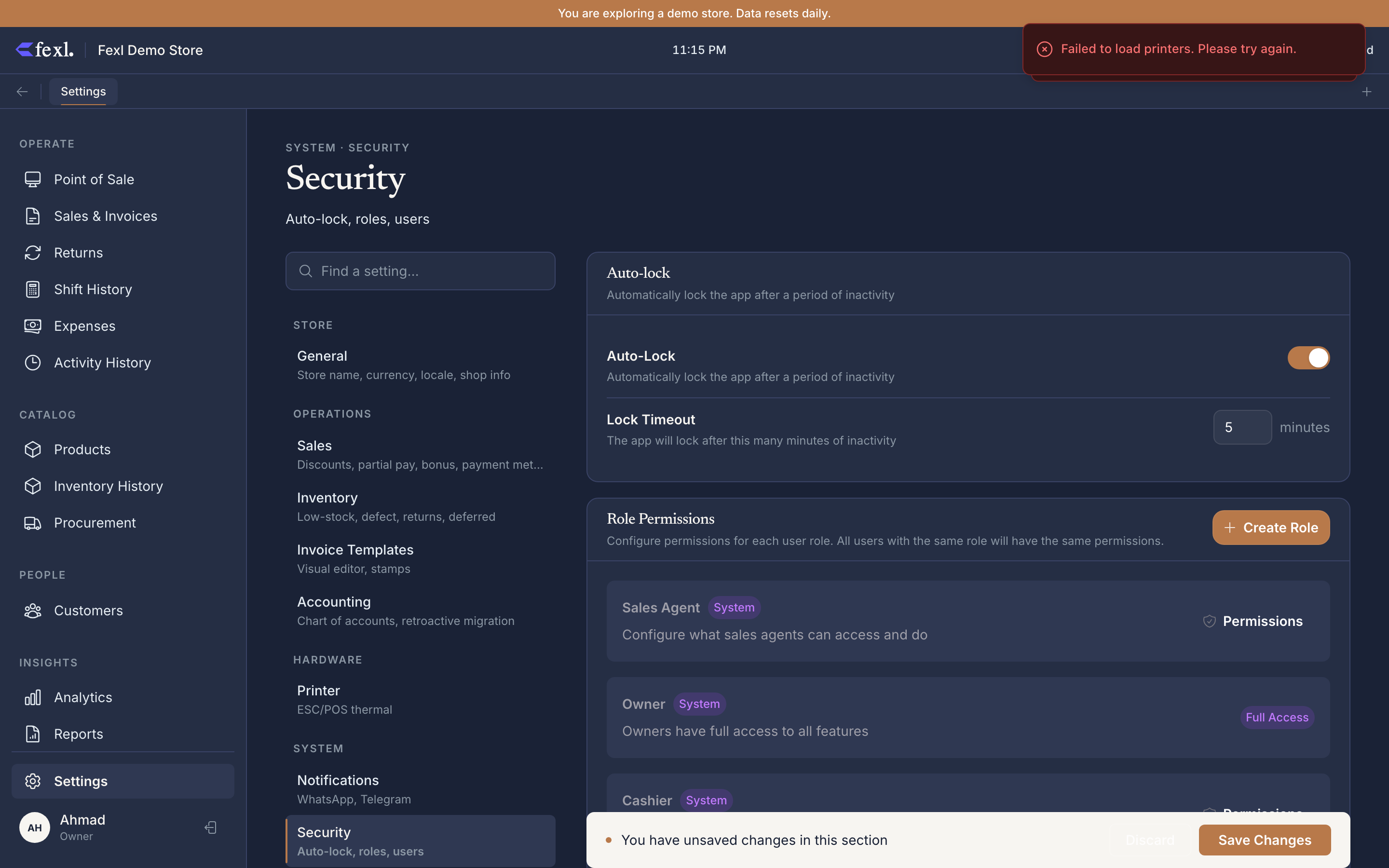 Settings → Security — Auto-lock toggle and timeout, Lock timeout (minutes) input, Role Permissions section with Sales Agent / Owner / Cashier rows, and the Create Role action