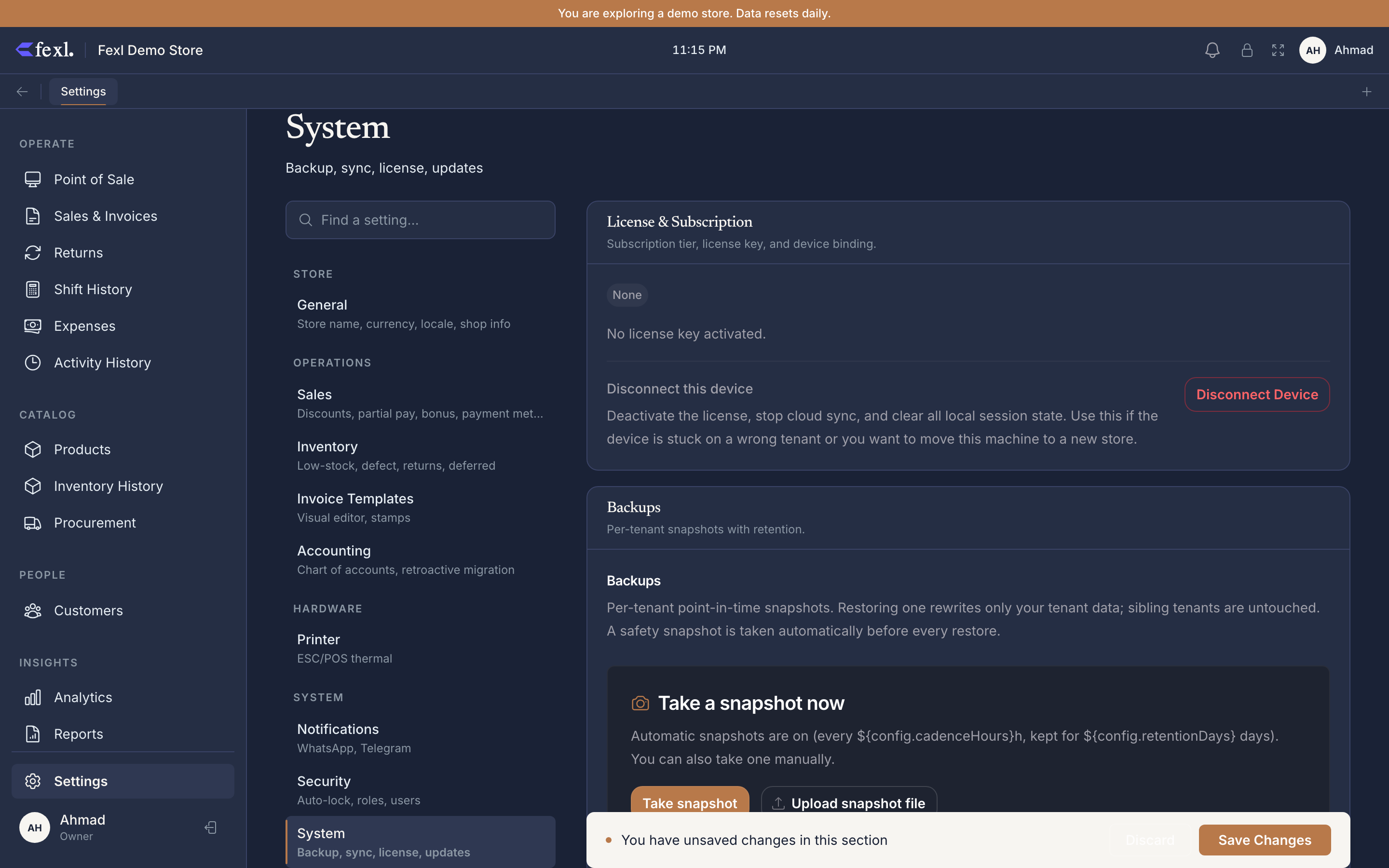 Settings → System — Backup & restore, cloud sync, paired-devices list, server status on port 8089, license, and updates panels