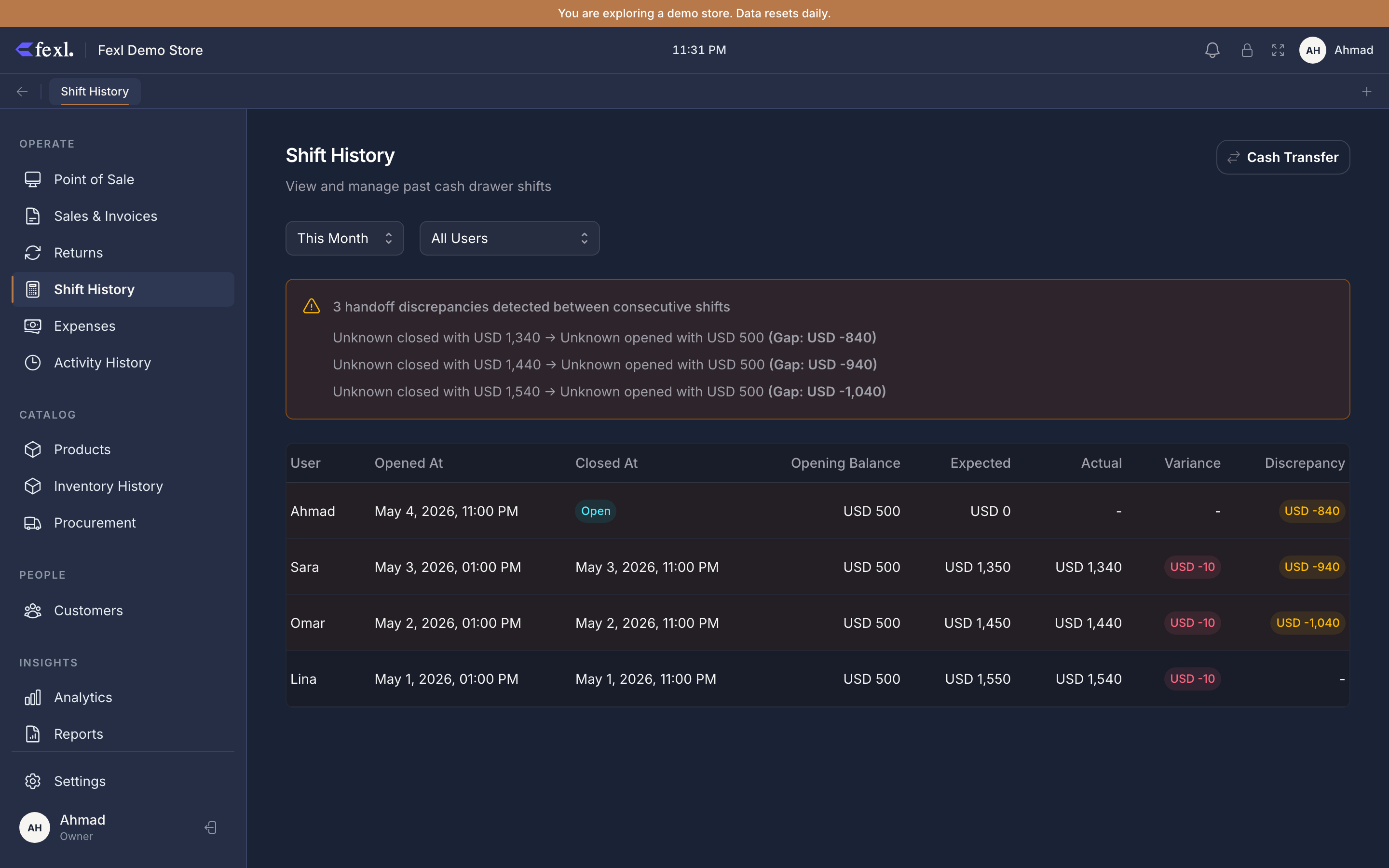 Shift History — handoff-discrepancy banner with three Unknown→Unknown gaps, then per-shift table with User / Opened / Closed / Opening Balance / Expected / Actual / Variance / Discrepancy columns