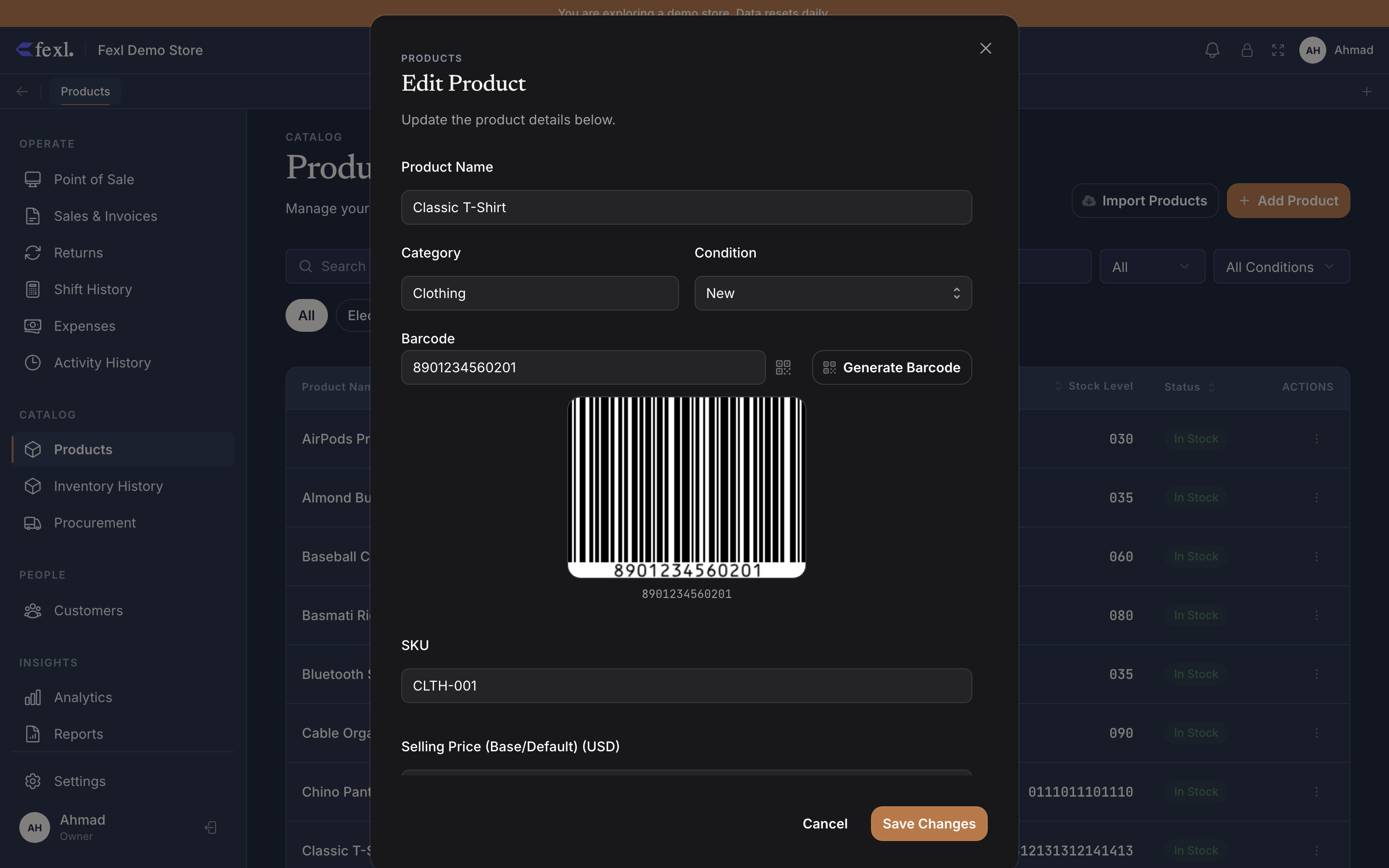 Edit Product dialog for Classic T-Shirt — Product Name, Category (Clothing), Condition (New), and the Barcode field with the existing 8901234560201 value, a Generate Barcode action, and the rendered Code 128 barcode preview inline below the field